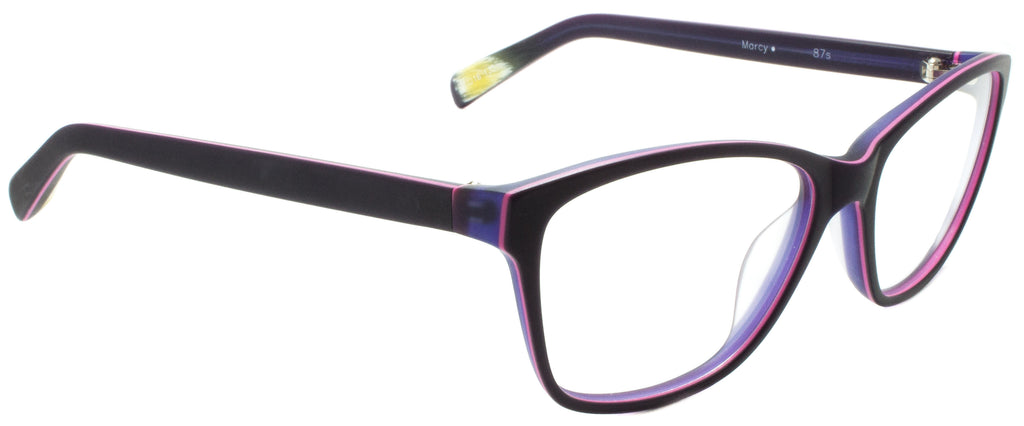 Edward Beiner Collection-Marcy-999-87s - Matte Plum w/ Pink . Side view. Handmade in Germany. Designer eyeglasses available exclusively at Edward Beiner Boutiques.